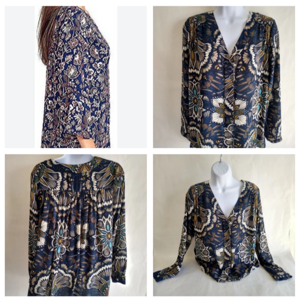 Women's H&M Blouse,  size 8, bold print navy,  boho hippy style button up shirt